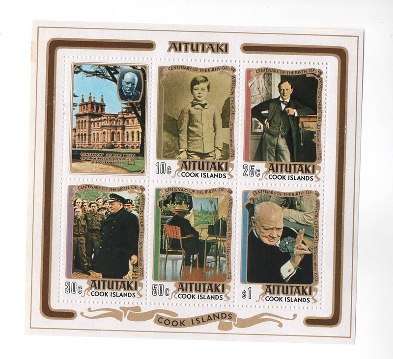 1974 Aitutaki Cook Islands Birth of Churchill 6 Stamp Souvenir Sheet MNH (Scan)