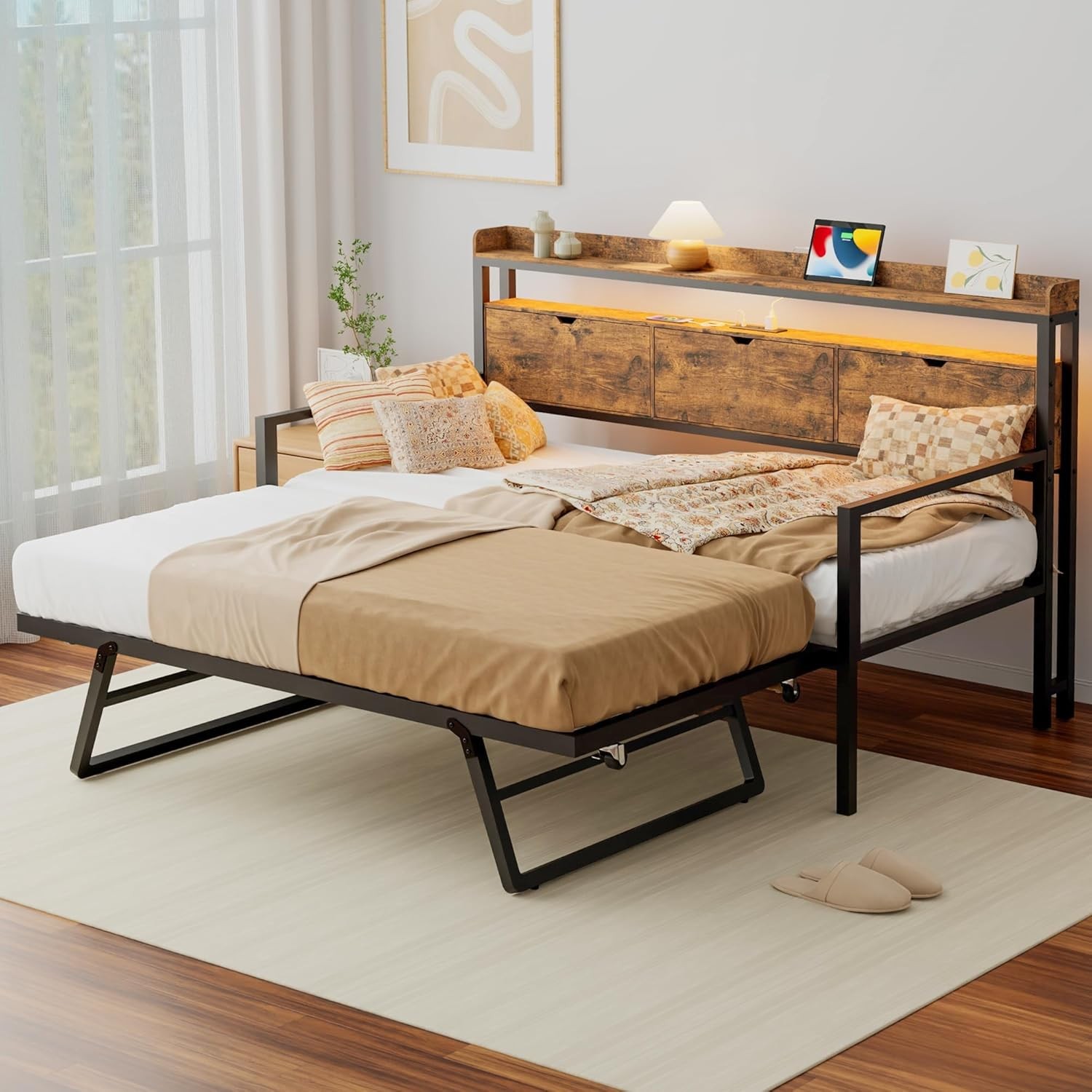 Twin Metal Daybed with Pop-Up Trundle Charging Station and LED Lights