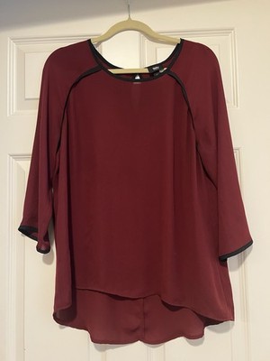 Burgundy Woven 3/4 Sleeve Crew Neck Blouse with Black Contrasting Trim