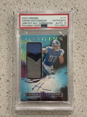Panini Origins 2022 Aidan Hutchinson RC Jumbo Jersey Auto Turquoise /25 PSA