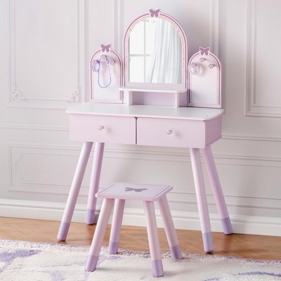 Robotime Purple Kids Vanity Set Makeup Vanity Desk Mirror Chair And Storage