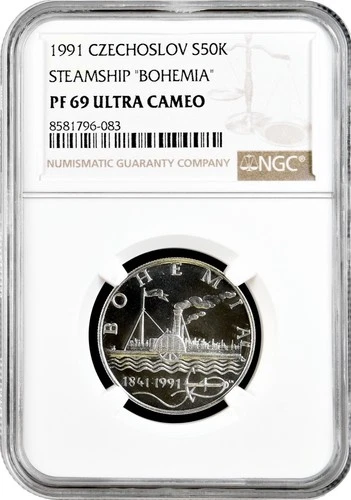 Czechoslovakia 50 korun 1991, NGC PF69 UC, "Steamship "Bohemia" Top Pop