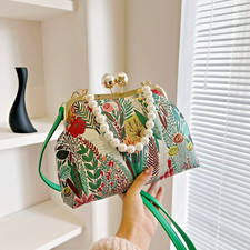 Women’s Floral Pearl Handle Shoulder Bag with Removable Strap