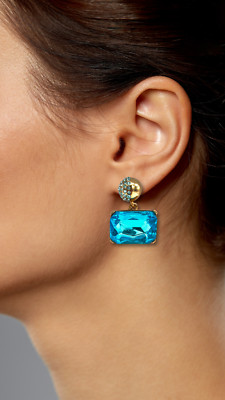 Authentic Vintage Oscar de la Renta Aqua Blue w/Pavé Crystal Drop Earrings USA