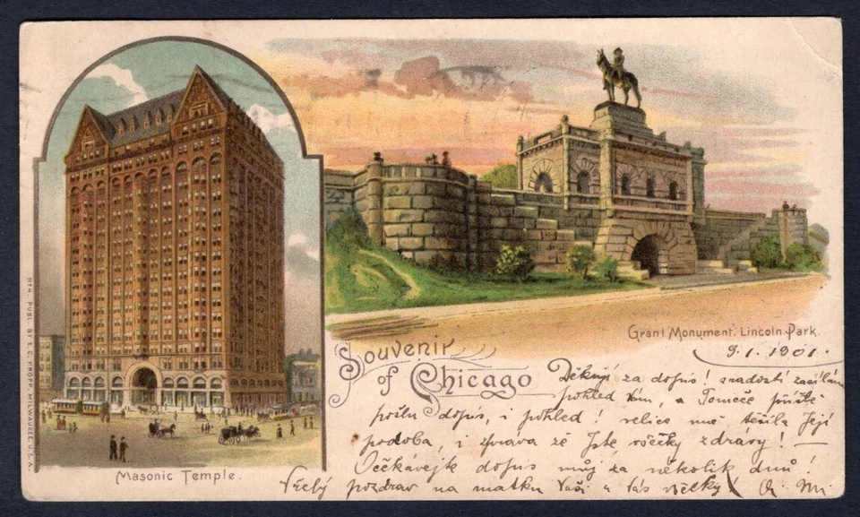 CHICAGO 1901 Masonic Temple Postcard to CZECHIA - Image 3 of 3
