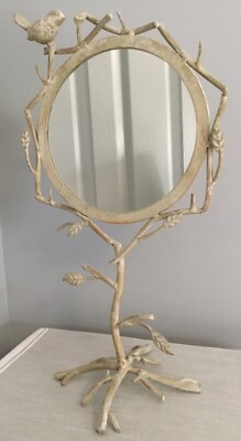 Decorative Vanity Mirror Bird On A Branch Round Metal Tabletop 19  Shabby Chic