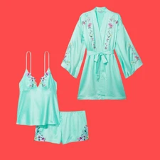 3-VICTORIA'S SECRET Floral Embroidery Robe&Cami Set Seafoam Blue  XL, 2XL+ XXL