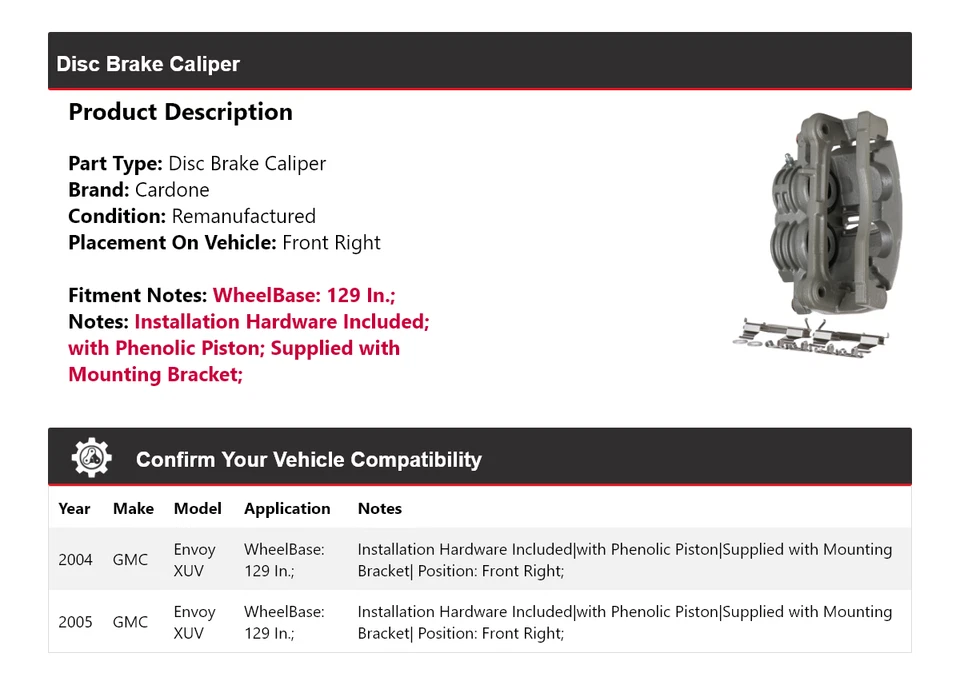 For 2004-2005 GMC Envoy XUV Disc Brake Caliper Front Right Cardone - Image 2 of 4