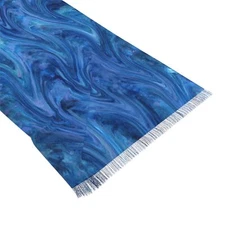 Lightweight Colorful Wave Scarf; Deep Blue Watercolor Flow with Fringe