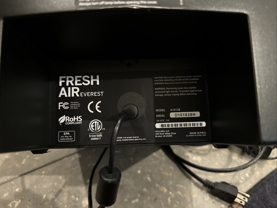 FRESH AIR EVEREST A1012AB VOLLARA AIR PURIFIER *clean, tested/works