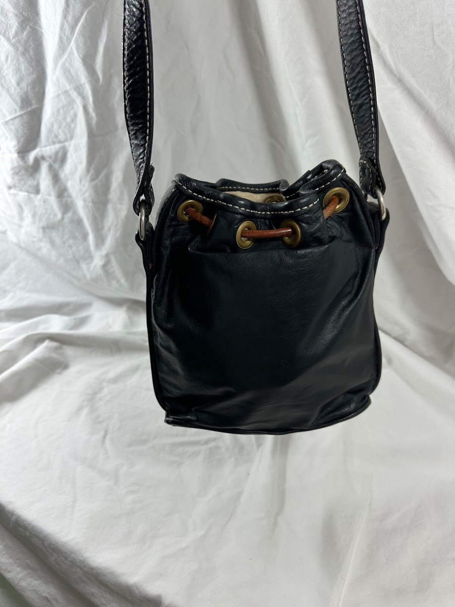 Genuine black leather drawstring shoulder bag crossbody hand made