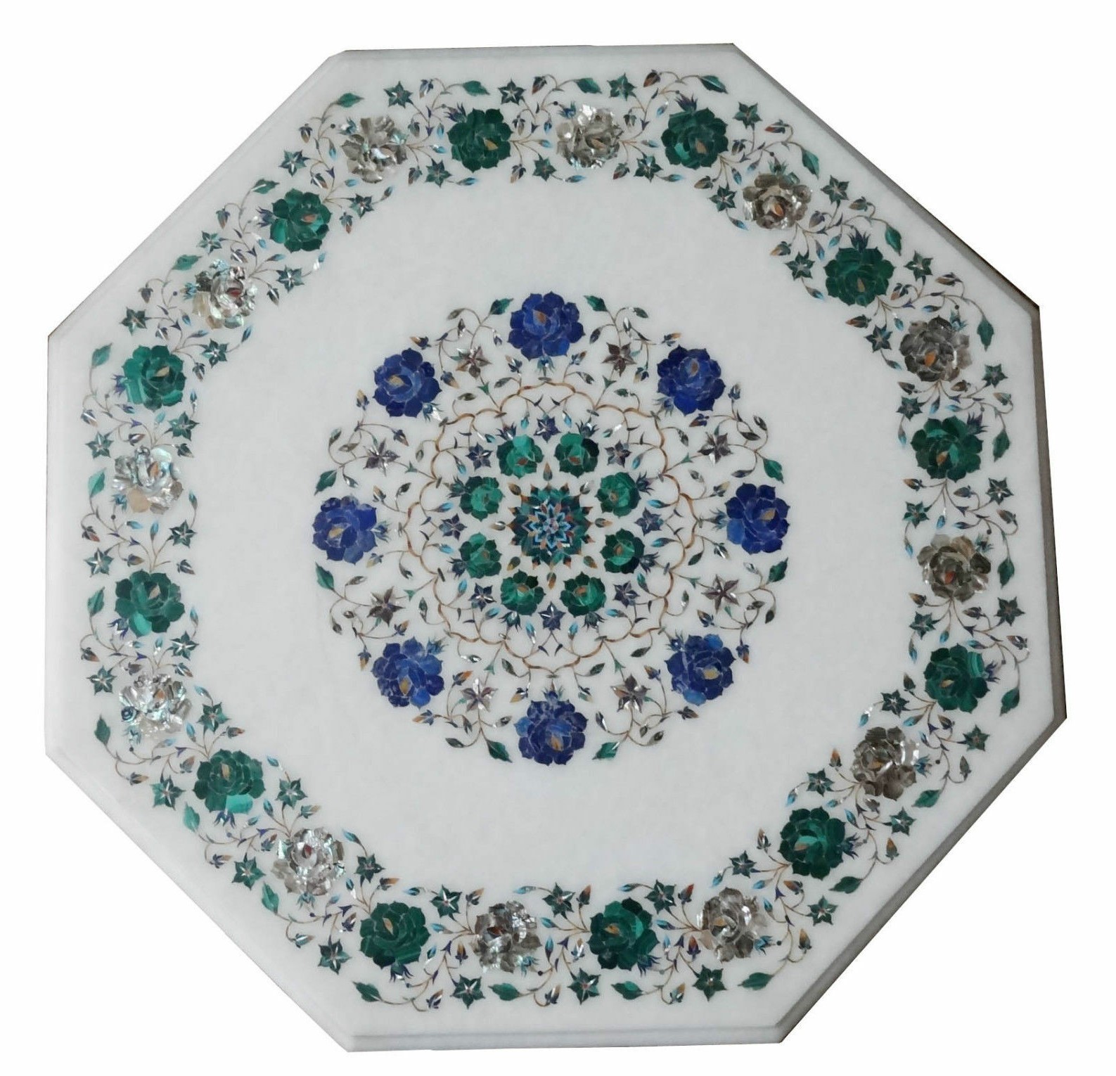 23-Inch Marble Coffee Table with Semi-Precious Stone Inlay Art for Elegant Room Decor