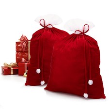 2x Edler XXL Weihnachtssack aus Samt mit langer Kordel & weißen Bommeln