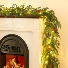 9FT Christmas Garland with Lights, Battery Operated Garland with Red Berries ...