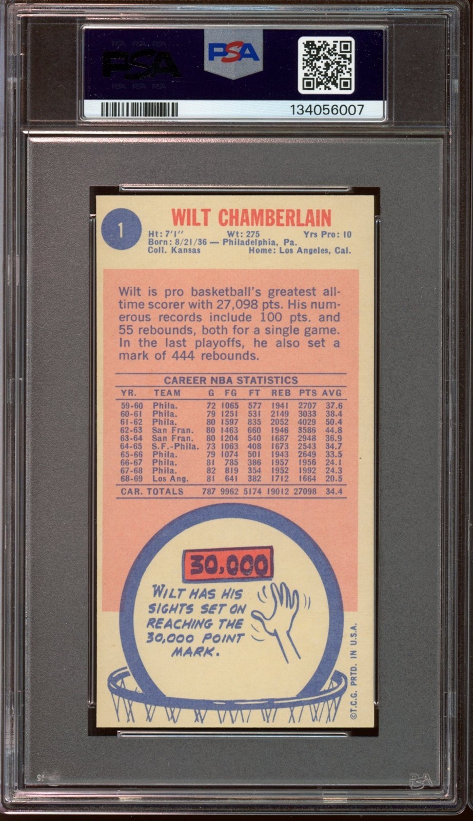 1969 Topps Basketball #1 Wilt Chamberlain PSA 6.5 view 2