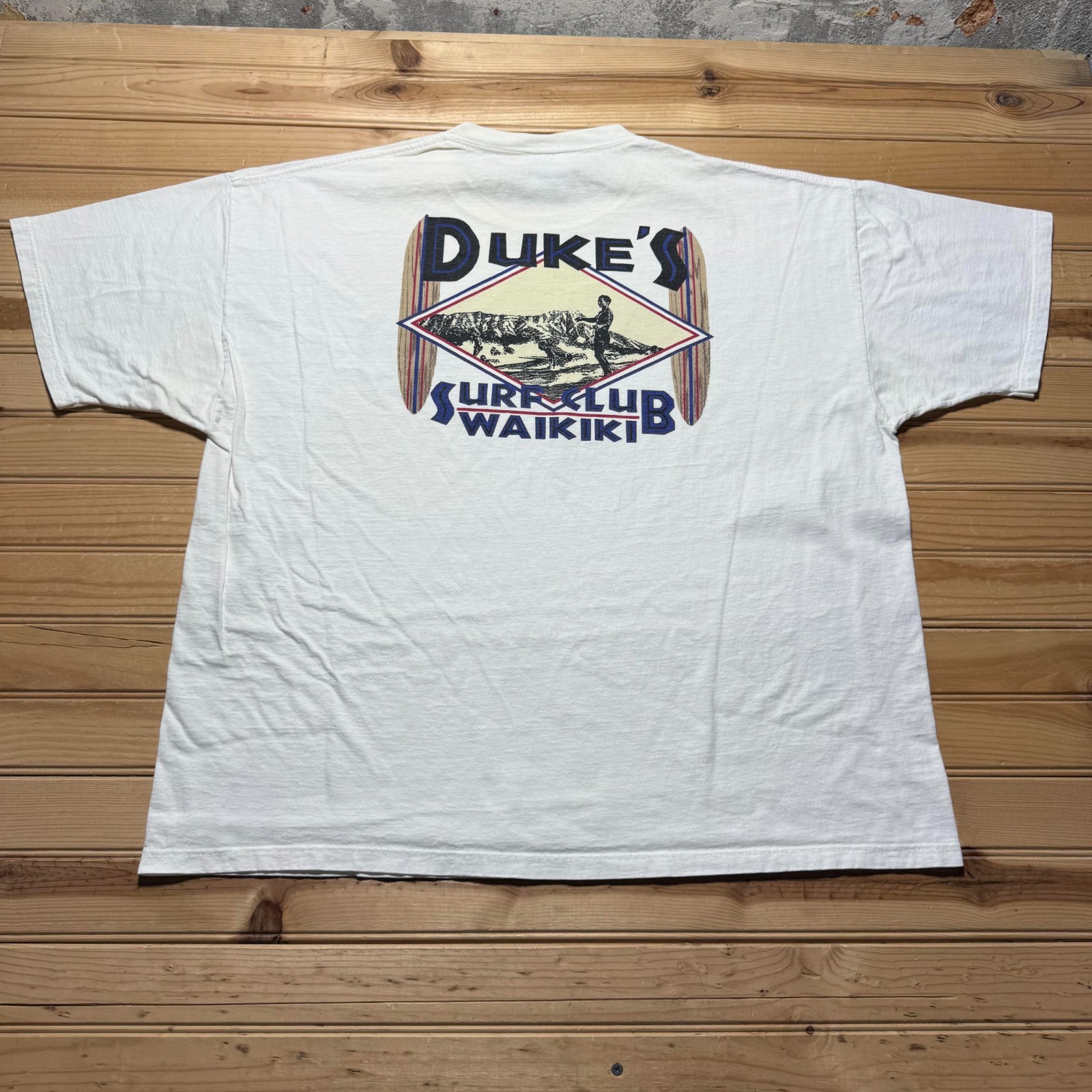 Vintage 90s Duke's Surf Club Waikiki Hawaiian Beach Graphic Promo T-Shirt USA XL