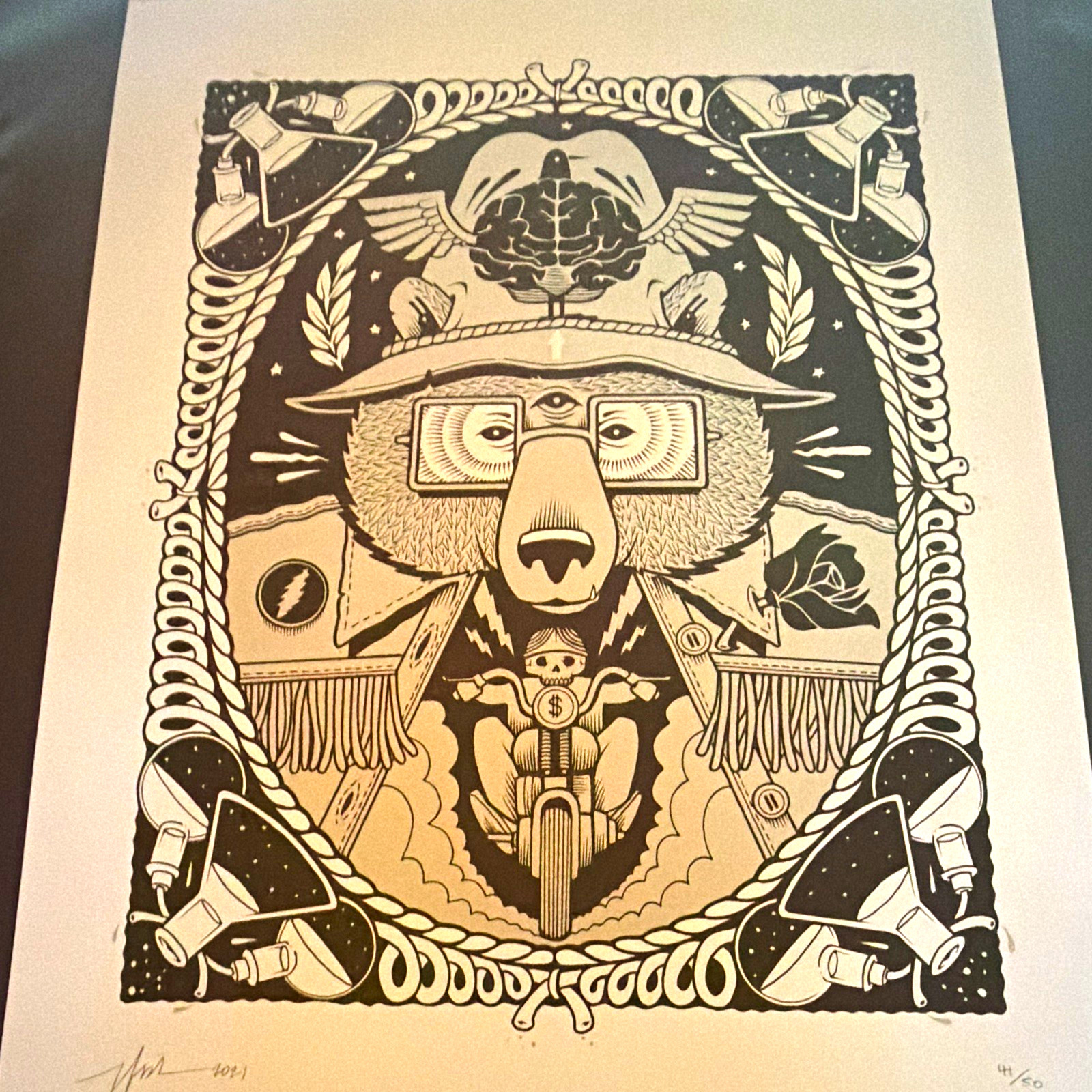 Signed Numbered Bear Motorcycle Portrait Art Print 2021 / #41 of 50