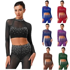 Womens Crop Tops Shows Top Competition Dancewear Stage Dance Sheer Glittery
