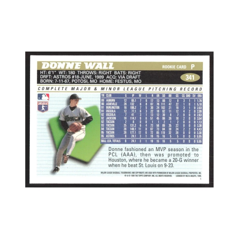 1996 Topps Donne Wall RC Astros #341 - Image 2 of 3