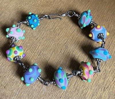 Artisan-Made Lampwork Glass Beaded Bracelet w/ Colorful Matte Bumpy Beads Pretty