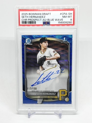 SETH HERNANDEZ 2025 BOWMAN DRAFT CHROME BLUE WAVE AUTO 117/150 PSA 8 PIRATES