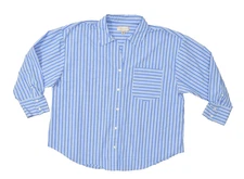 Philosophy Woman 2X Blue White Striped Cotton Blend Long Sleeve Button Down