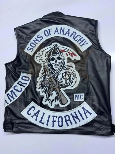Men Jax Teller Vest SOA Vest Sons of Anarchy  Leather Vest in Black Blue Patches - product listing photo