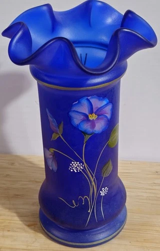 Fenton Cobalt Frosted Satin Morning Glories Hand Painted Vase  Signed