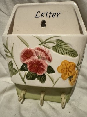 Vintage Letter & Key Holder - Rare Find 90 s Style Porcelain Floral Wall Mounted