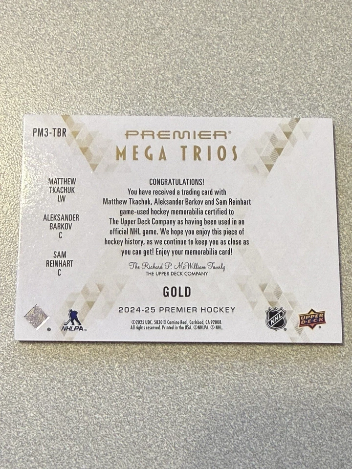 2024-25 UD Premier Mega Trios Patch #PM3-TBR Barkov, Reinhart, Tkachuk Gold /15 - Image 2 of 3