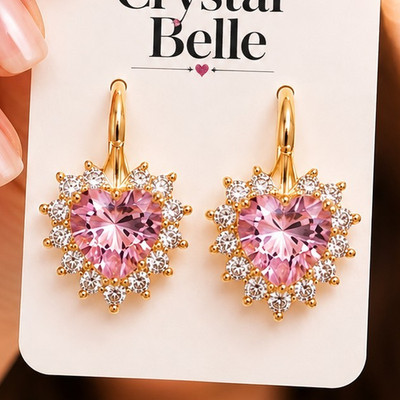 14K Laminated Gold Pink Heart Crystal Drop Earrings   Women s Jewelry