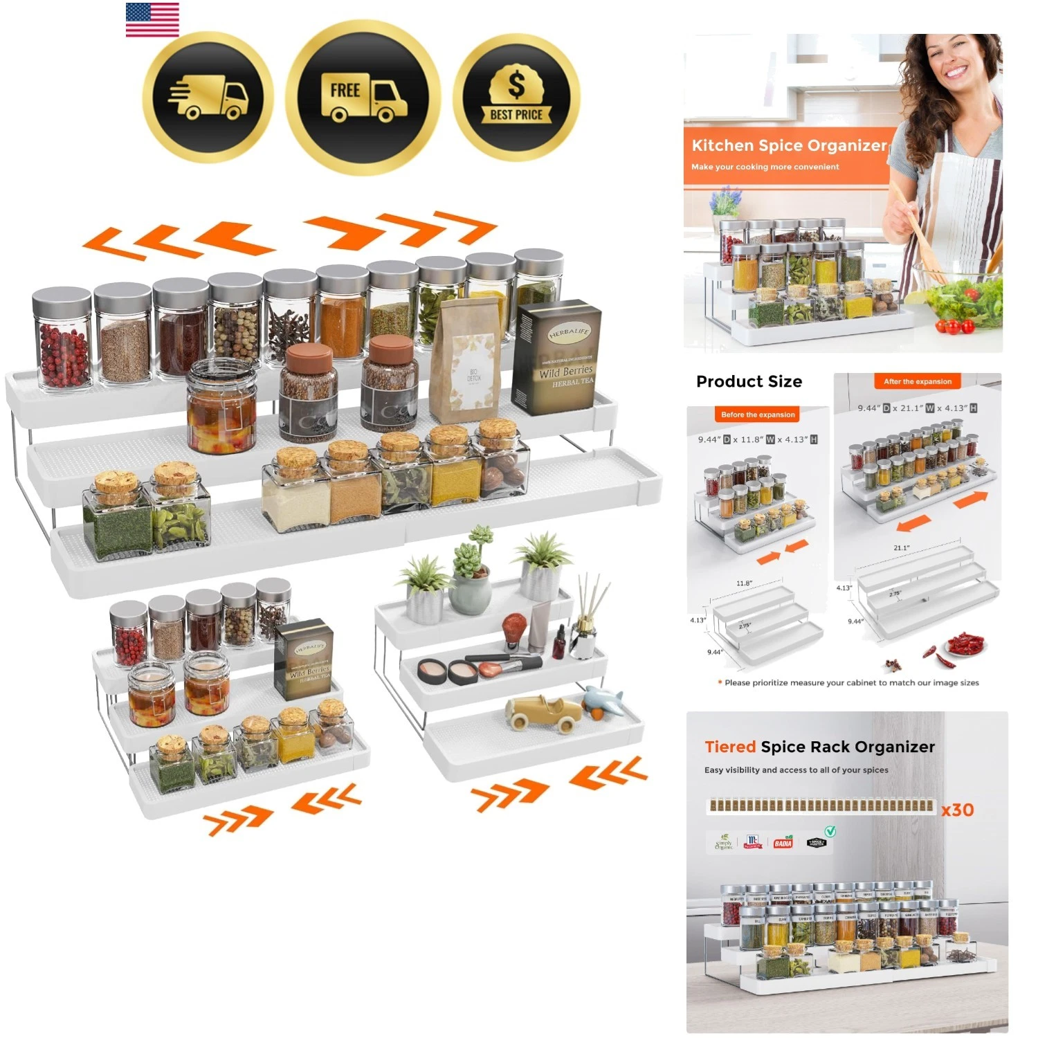 Expandable Spice Rack Organizer for Cabinet - 3 Tier Adjustable Cabinet Spice...