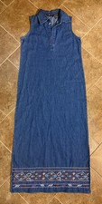 Vintage Agapo Long Denim Sleeveless Vneck Dress Size Small Embroidered Slits