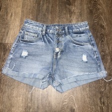 Distressed Denim MEDIUM High-Waisted Button Fly Shorts Frayed Hem