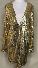 Boohoo Dress Sequin Bodycon Mini Gold Sparkly Size 8 Party Event Dance Deep V