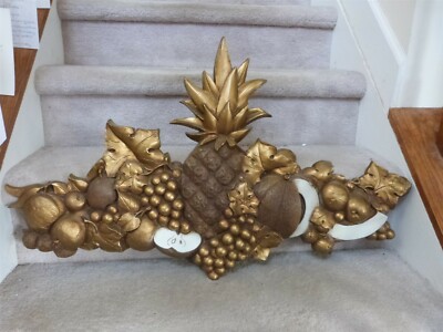 VINTAGE 1972 Syroco Gold Wall Hanging Pineapple Apple Grapes Fruit 34'' x 19''