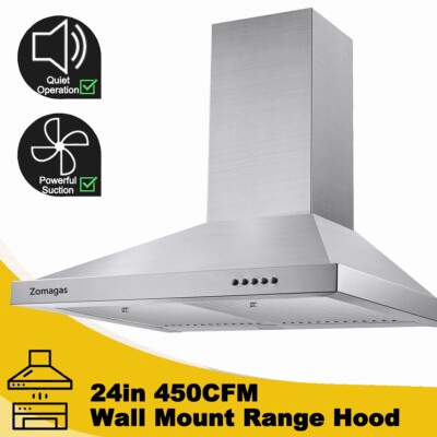 24 in Wall Mount Range Hood 450CFM Stainless Steel Filter Power Exhaust Fan LED