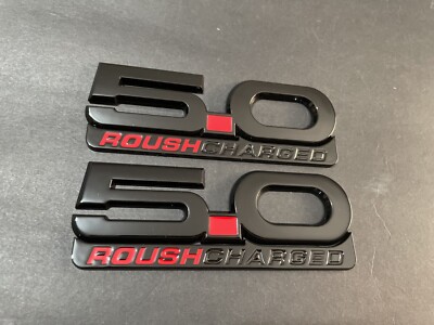 2015-2022 NEW 5.0 ROUSH CHARGED Parts Emblems Badge Gloss Black &Red Black -2pcs