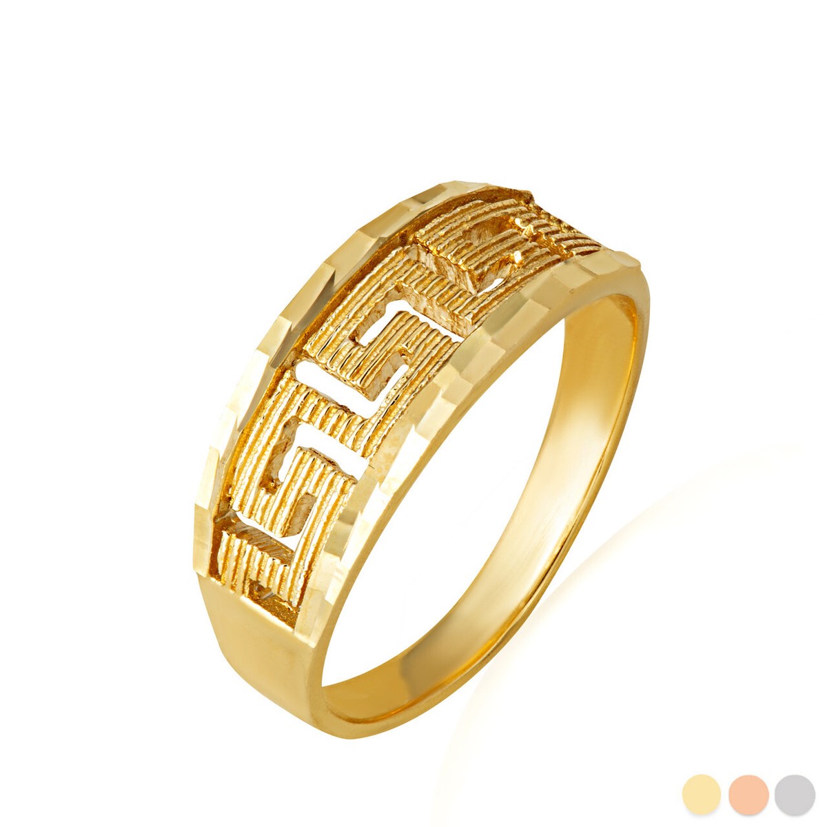 Gold Diamond Cut Beaded Greek Key Ring (Available in Yellow/Rose/White Gold)