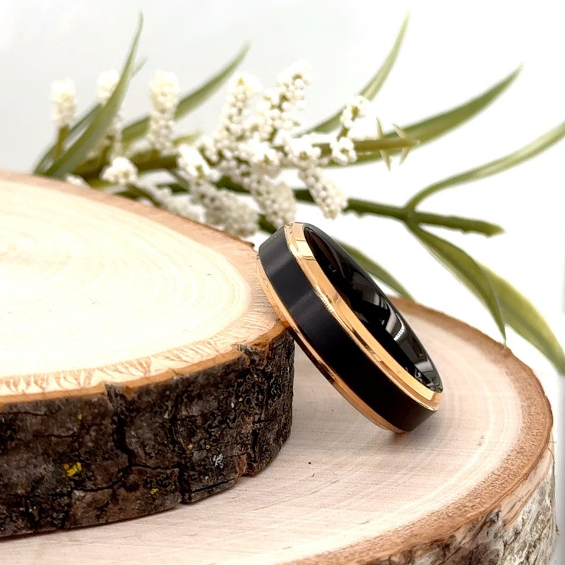 6mm Matt Finish polished Edge Christmas Gif Band Black & Rose Gold Tungsten Ring