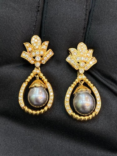 Dazzling 23.70 TCW Round Brilliant Cut Diamonds Pearl Dangle Earrings 18K Gold - Picture 10 of 16
