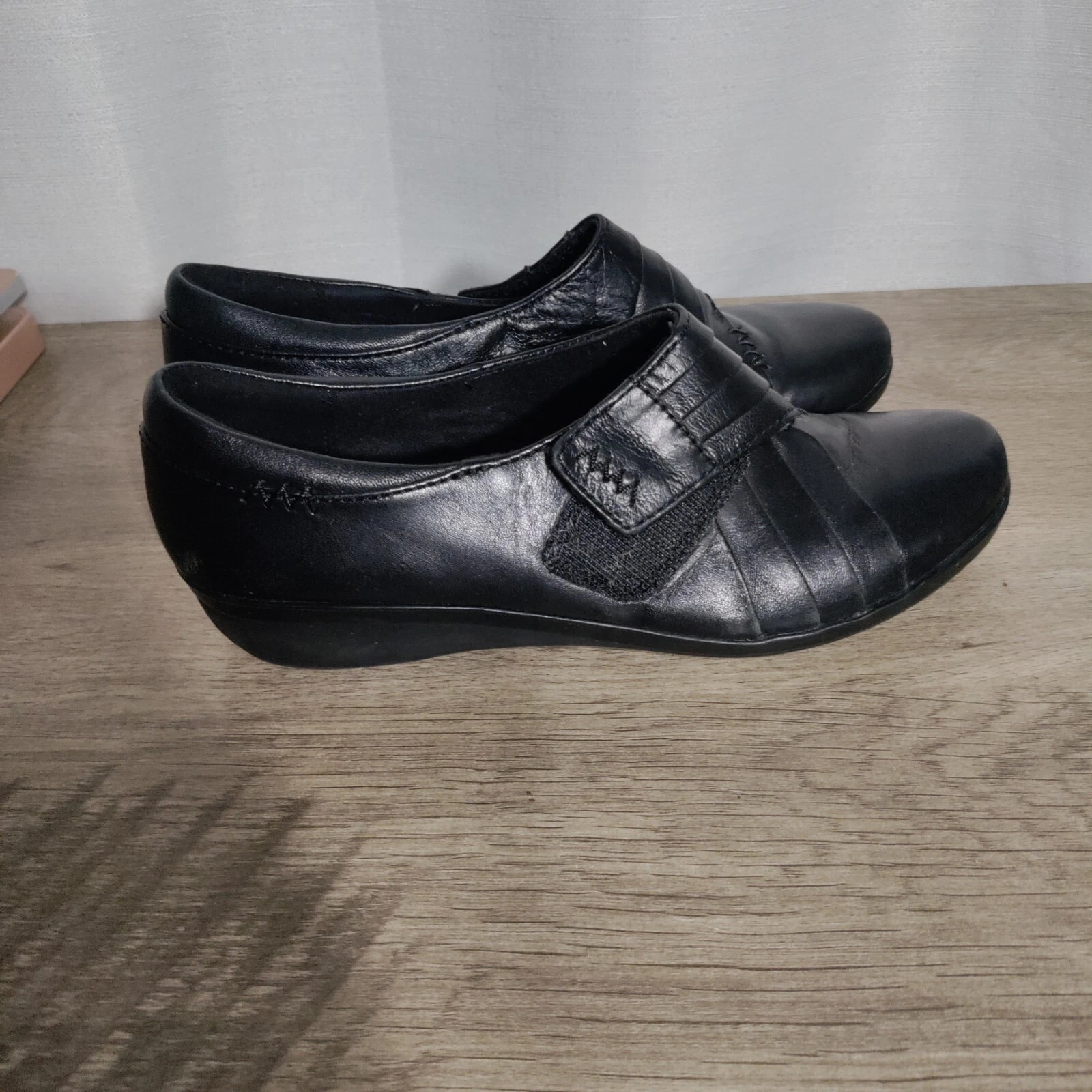 Mocassini Clarks EVERLAY DREW Monk Strap da donna taglia 8M in pelle nera slip on