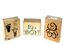 Lot of 3 Stamps Wooden/Rubber: Footprints/Baby Outline/It's A Boy Baby Shower