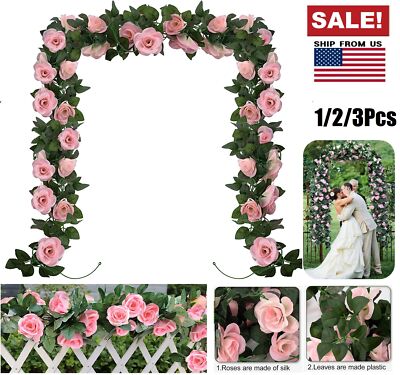 6× Fake Rose Vine Flowers Plants Artificial Hanging Ivy Wedding Decor 7.5 Ft USA