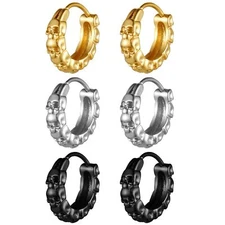 2pcs Punk Rock Skull Casting Stainless Steel Huggie Hoop Stud Earrings Halloween