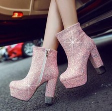 Women's Platform High Chunky Heel Glitter Shiny Sequins Shoes Zip Ankle Boots