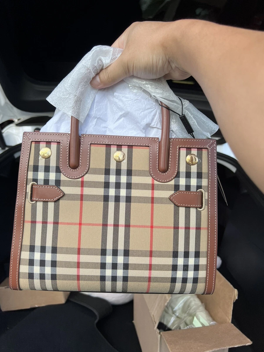 Burberry Title Two Handle Tote Vintage Check Canvas and Leather Small  Neutral 2174151