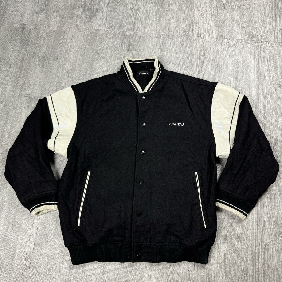 RARE VINTAGE TRUMP TAJ MAHAL BLACK WHITE VARSITY LEATHER WOOL 