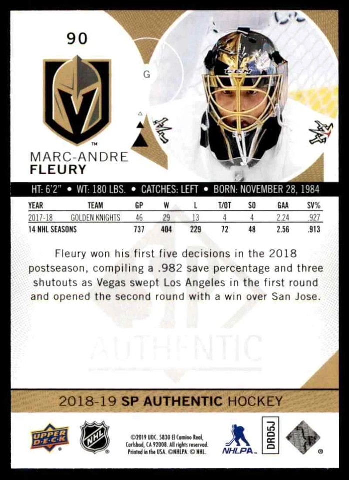 2018-19 SP Authentic Marc-Andre Fleury #90 - Image 2 of 2