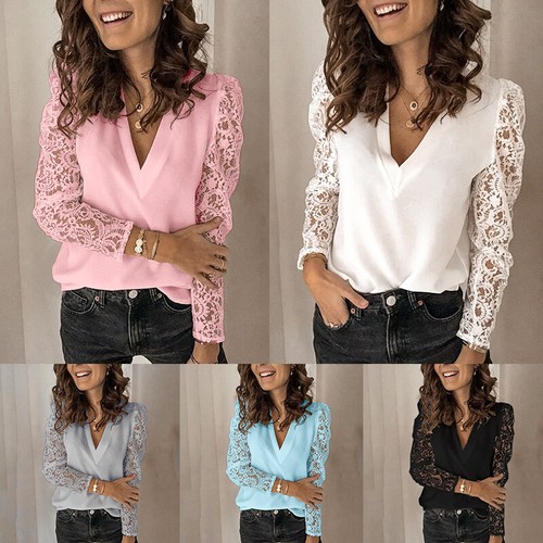 Women V-Neck Blouse Shirt Sexy Lace Long Sleeve Top Casual Office Summer S-5XL - Picture 2 of 14